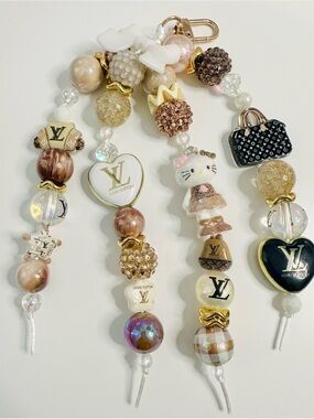 LV and HK bag and keychain charm Pink, Gold & Cream Beaded Charm Set